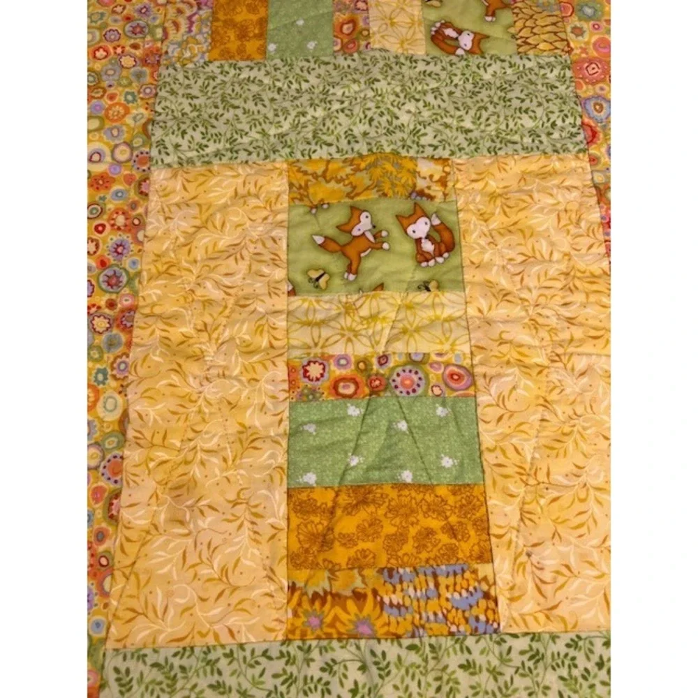 Handmade Woodland Fox Patchwork Baby Quilt Yellow Orange Cotton Blanket 36 x 43